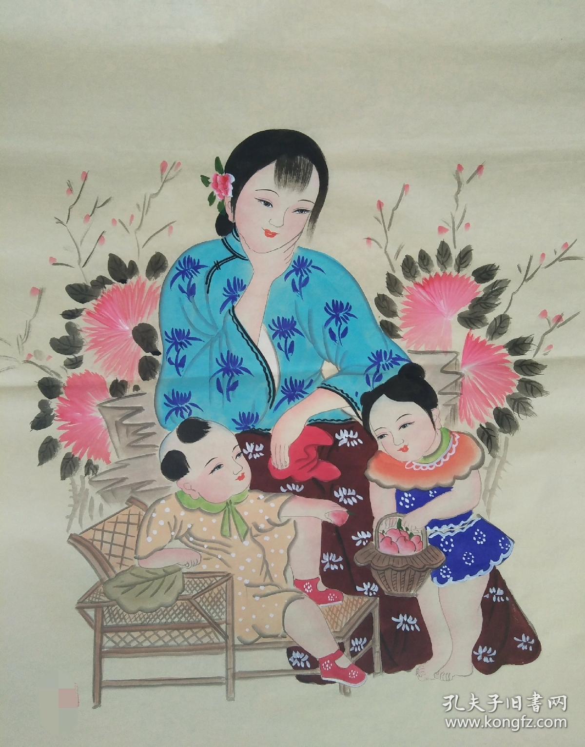 扑灰年画《母子图》《民国侍女娃娃对画》老婆孩子图