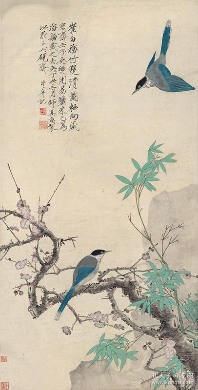 宣纸书法印品于照仿崔白梅竹双清图65x129cm纸本