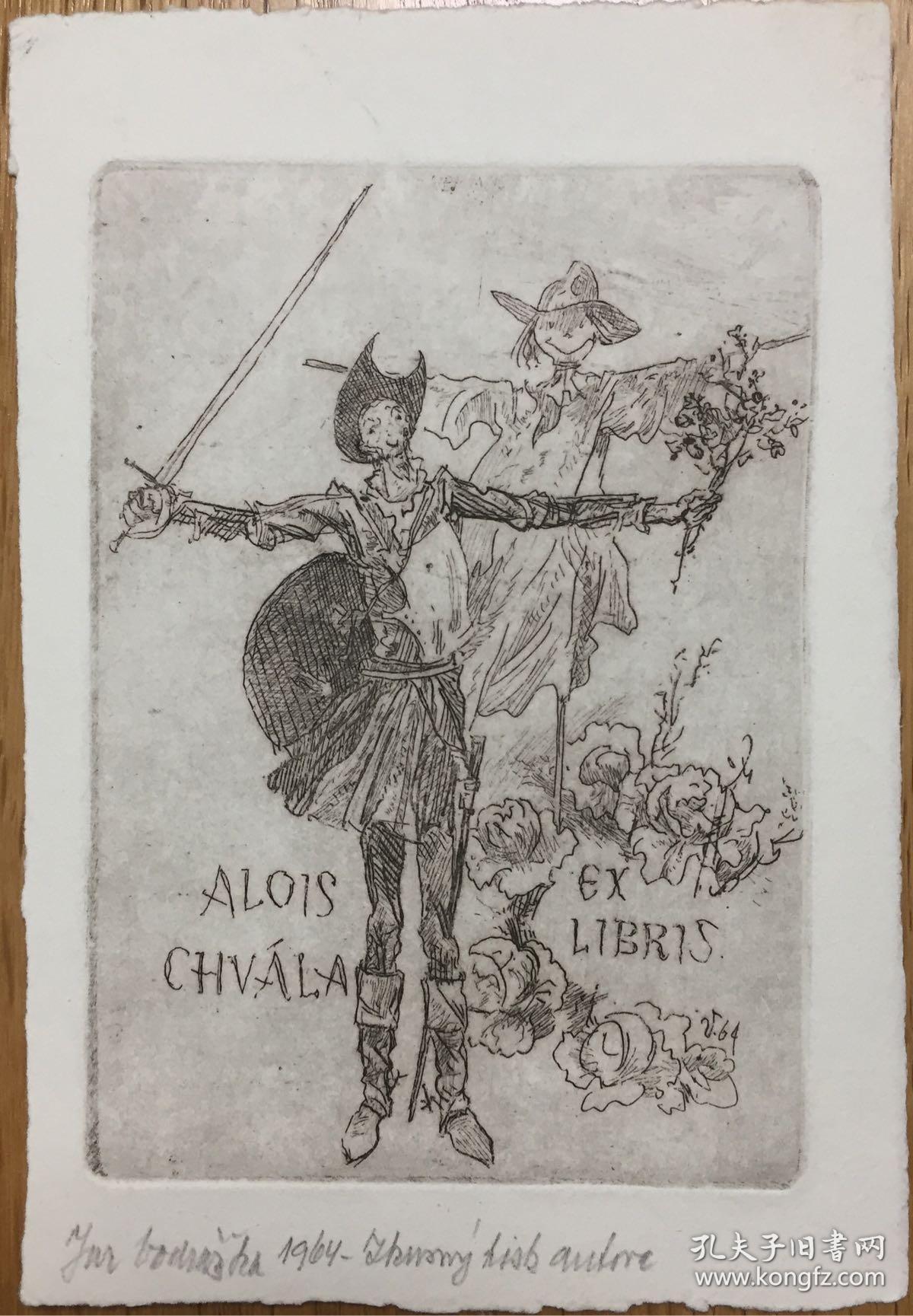 捷克早期铜版酸刻藏书票守护天使的稻草人