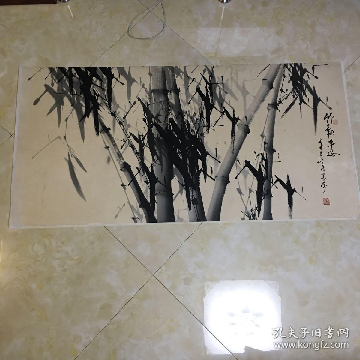 院士 周墨宇 2001年写意水墨画《竹报平安》一幅(纸本镜心;约8平尺,钤