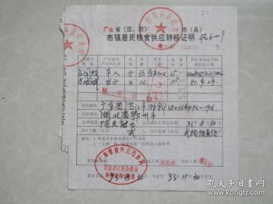 票证广东湛冮市镇居民粮食供应转移证明[占国枝]作者：广东湛冮市粮食局