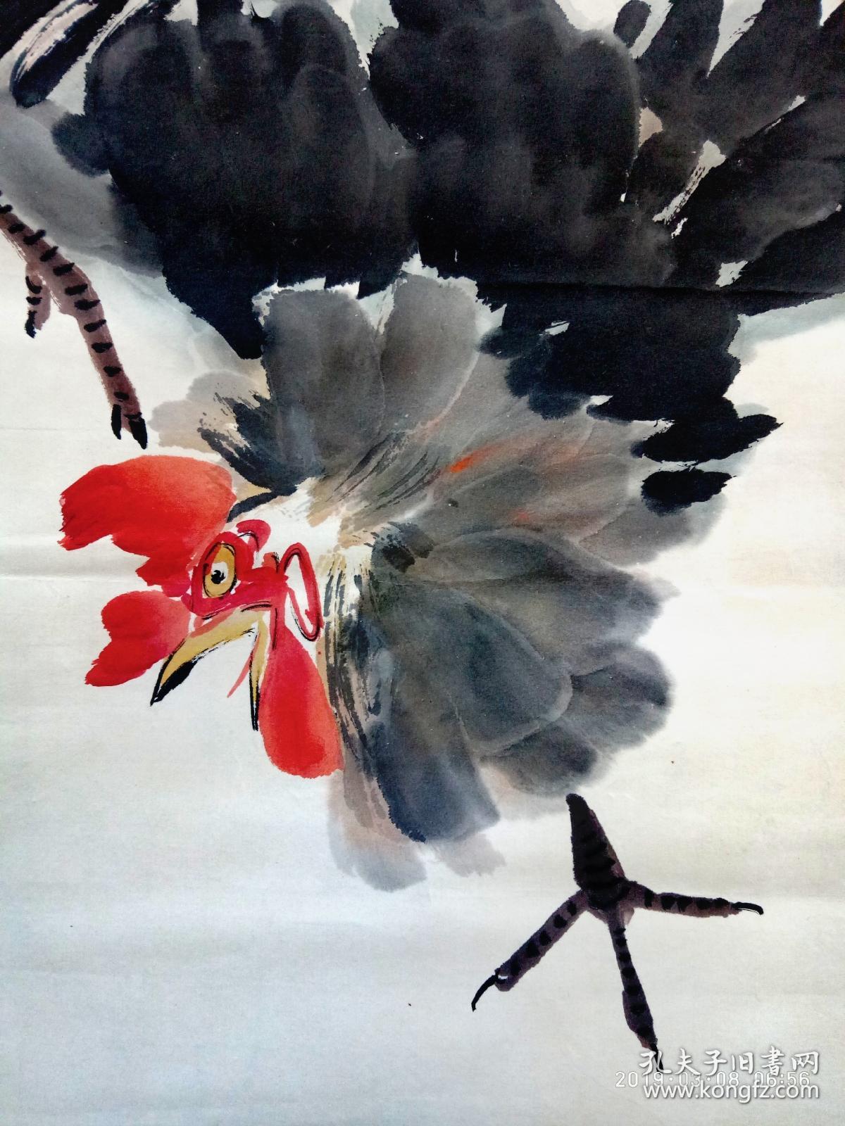 张书旗四尺三开国画镜心托片公鸡捕虫6845