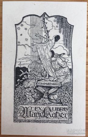 法国线刻版藏书票弹竖琴的仕女