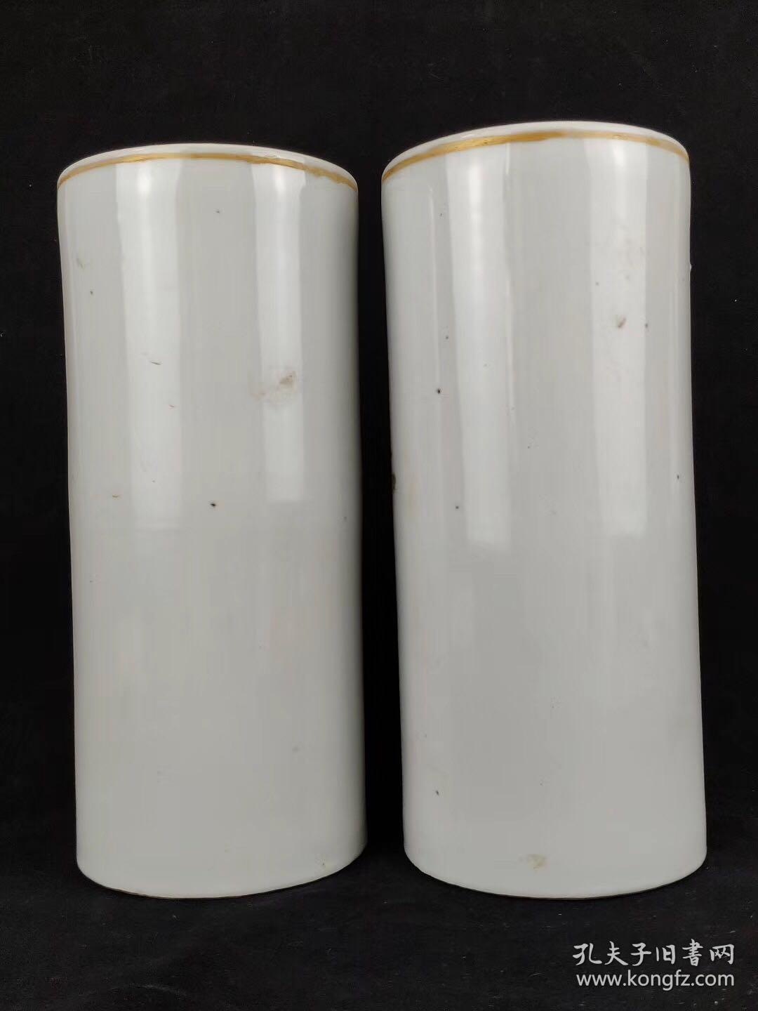 民国时期罗宿氏天赐麟儿粉彩帽筒一对完整无磕冲丶底款清晰丶画工精细