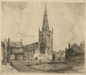 稀缺 ,  艺术家签名《  蚀刻版画-- 大教堂街景》 约1920 年出版,