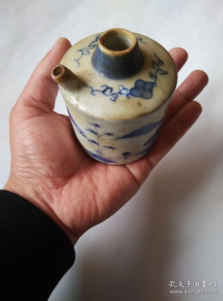 8363cm清代民国手绘山水花卉纹老青花瓷砚滴瓷水滴水注文房专用老瓷器