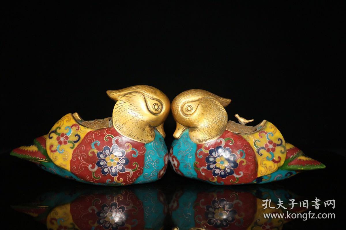 旧藏 景泰蓝手工掐丝珐琅彩《百年好合》鸳鸯摆件一对单个尺寸:高11.