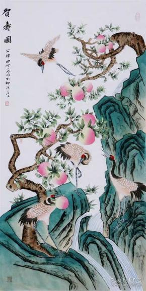 名家田世光工笔国画仙鹤寿桃字画纯手绘