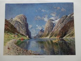 【百元包邮】 《壮丽的松恩峡湾风景》1906年 平版印刷画 纸张尺寸约41×29厘米 （编号M000238)