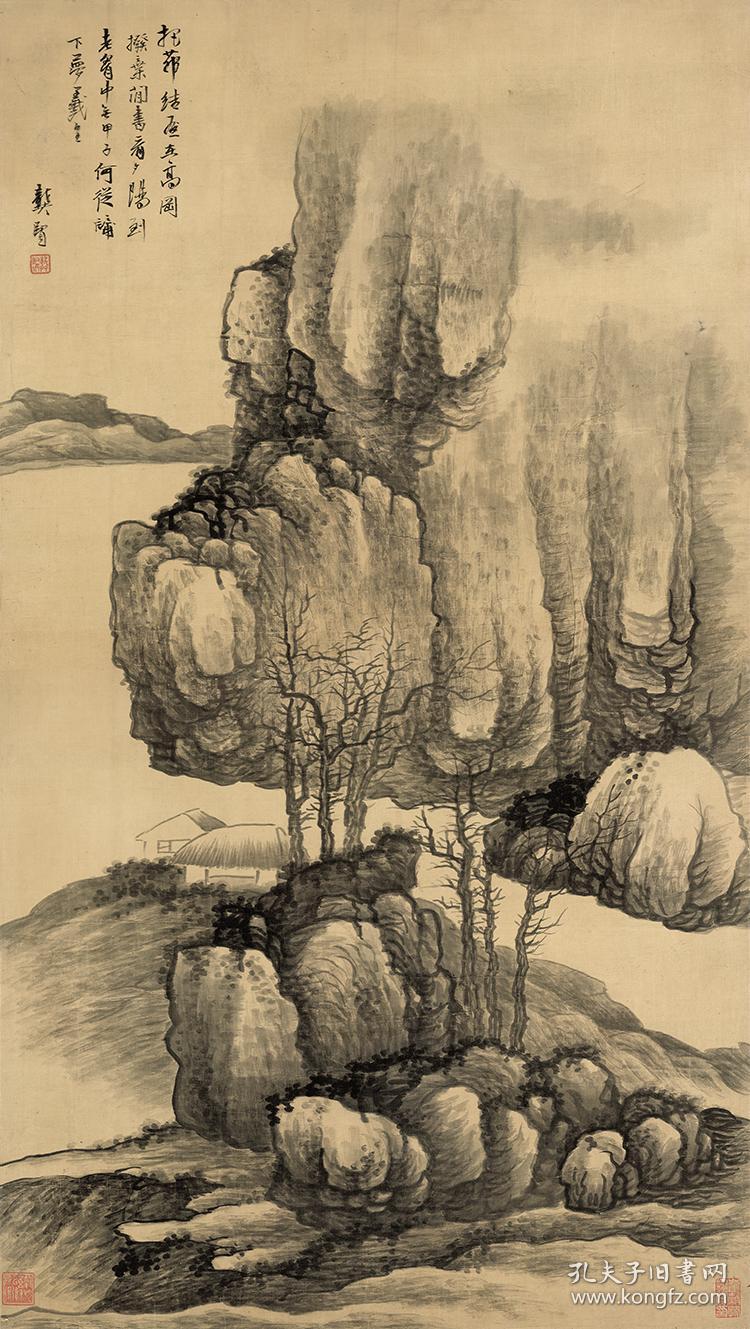 (玄)清 龚贤 高岗茅屋图轴 106x60cm 绢本 国画宣
