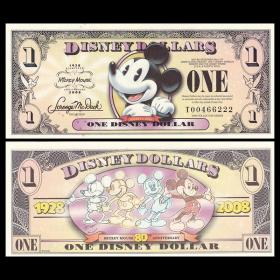 【D-2】全新UNC迪斯尼1元(米奇)2008年迪士尼乐园纪念钞