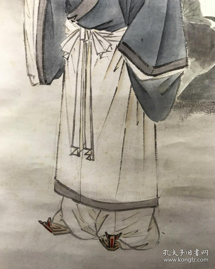 日本画家松琴手绘大幅水墨淡彩人物画《周敦颐爱莲》原作挂轴立