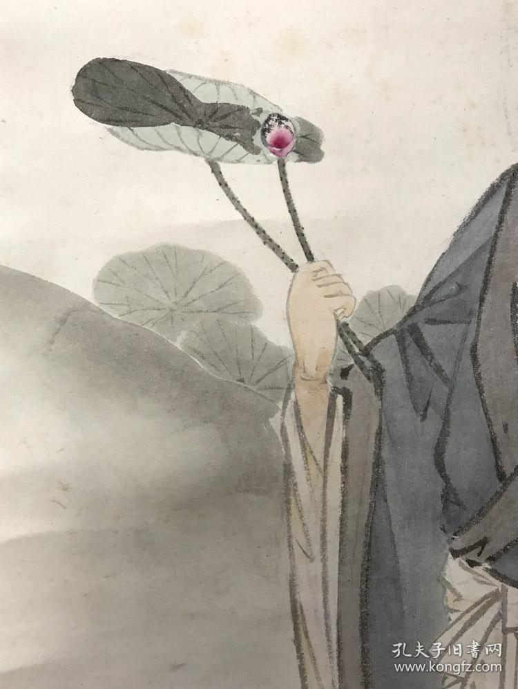 日本画家松琴手绘大幅水墨淡彩人物画《周敦颐爱莲》原作挂轴立
