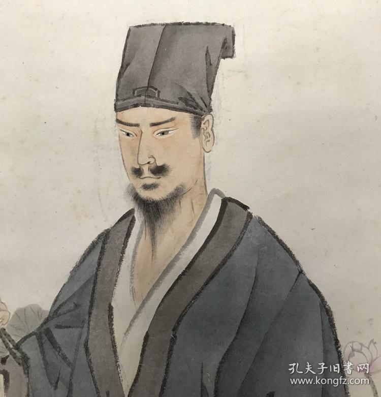 昭和期日本回流字画手绘工笔淡彩人物画周敦颐挂轴立轴/老书画国画