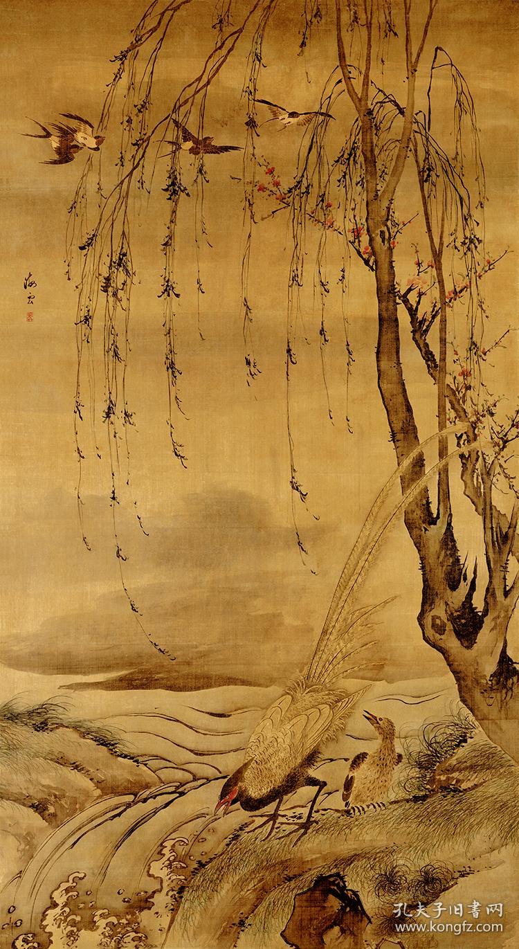 玄明汪肇柳禽白鹇立轴1735x945cm绢本国画宣纸绢布艺术微喷画芯名画