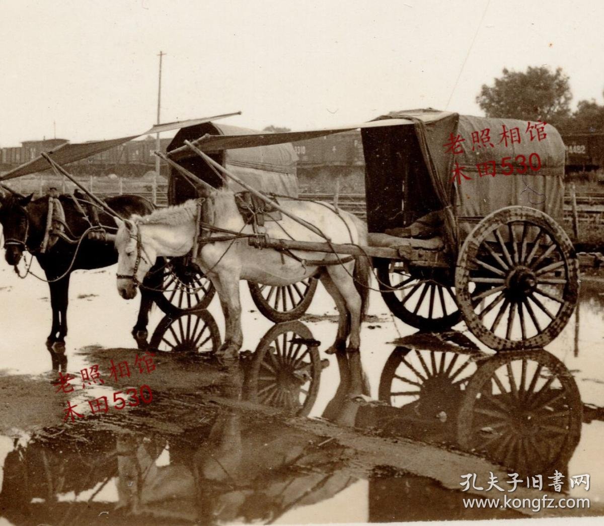 民国 张家口雨后两张黑白马车,马车为木质结构,马匹漂亮 银盐老照片