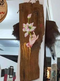 香樟木随形，纯手绘挂扁，高1米2，宽35左右
