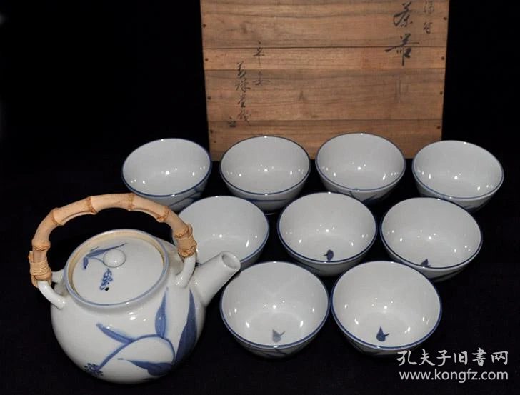 日本平安瓷器茶具,青花兰草纹竹把茶壶,茶盏9个/茶器茶道茶杯古文玩
