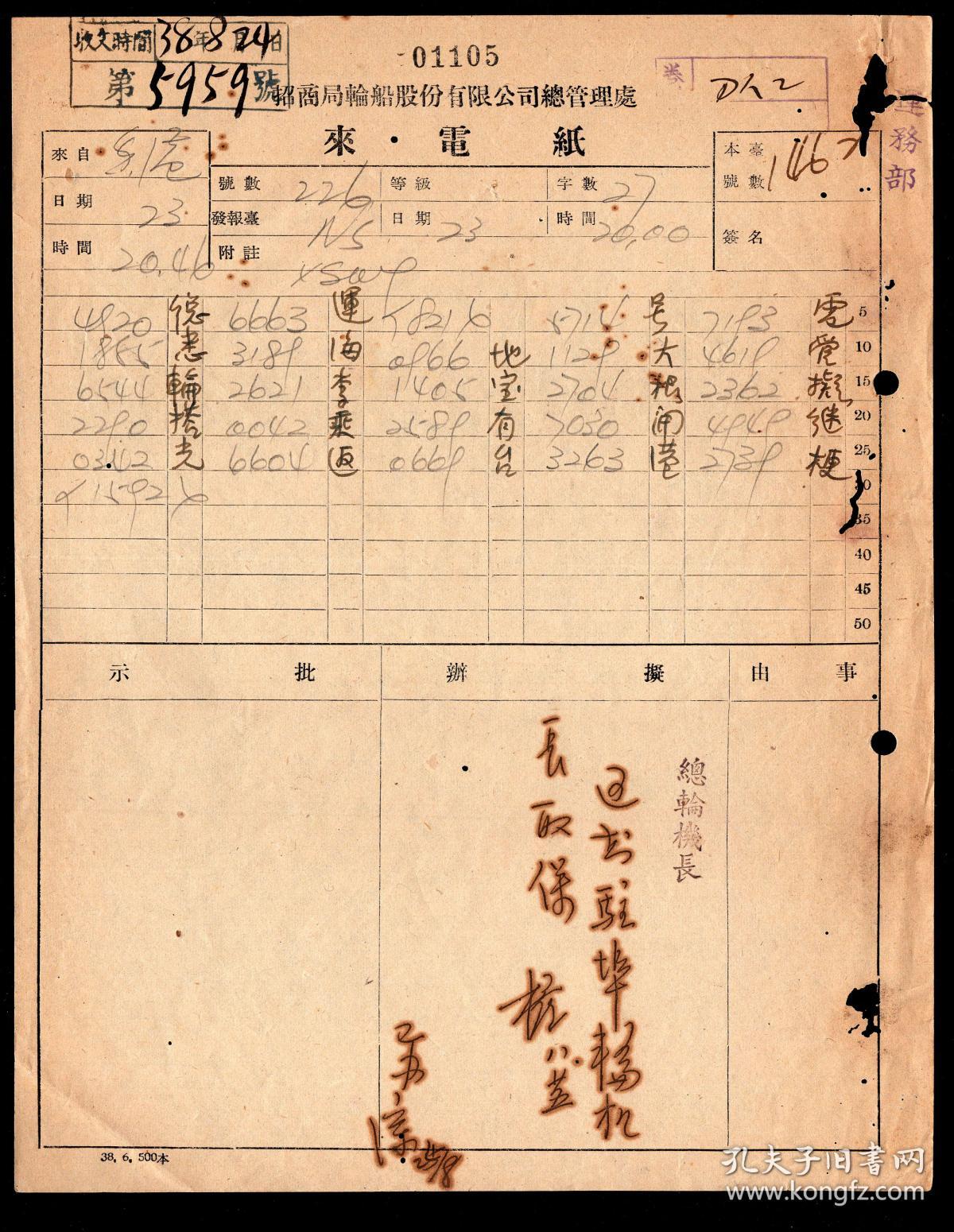 P 76 招商局轮船股份有限公司总管理处 电报 来电纸第5959号 1949 08 24收广州来电 海地 轮 大管轮李宝根拟搭乘有开 轮 继光 轮 返台 总轮机长 权批示 通知驻埠轮机长取保 20 6x26 5厘米 孔夫子旧书网