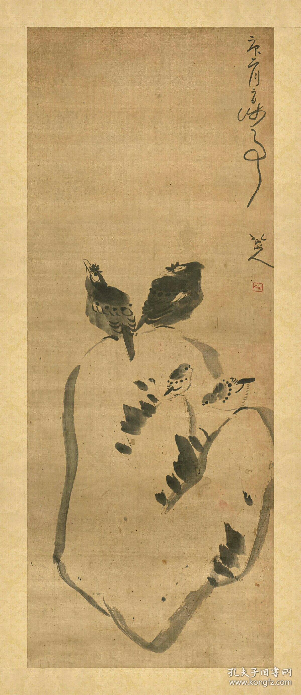 朱耷湖石聚禽图立轴纸本大小687915865厘米宣纸原色微喷印制定制产品