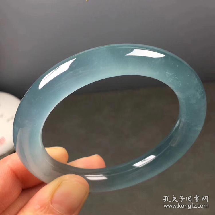 冰种水沫玉手镯 圆条蓝水漂花水沫子玉镯扁环 蓝花石英岩