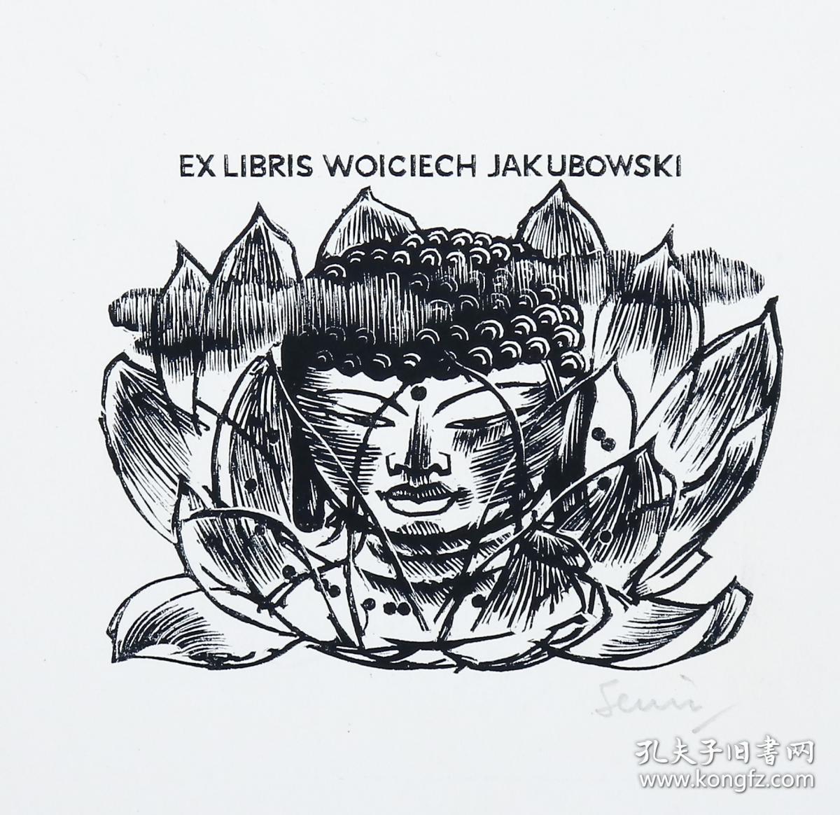 英国著名版画家画家邮票设计家塞维林木版画藏书票莲花佛陀一枚编号