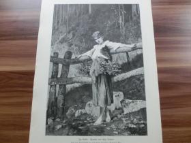【现货 包邮】1883年木刻版画《林中少女》（Jm Walde）尺寸约40.8*27.5厘米 （货号101321）