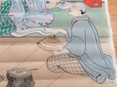 民国日本绢本彩绘【美人艺伎图】一幅,大幅130*45厘米