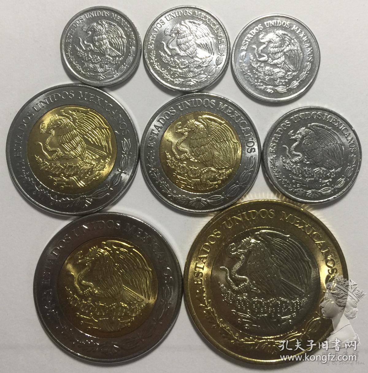 墨西哥5-10-20-50分-1-2-5-10比索硬币8枚一套大全套 老鹰钱币