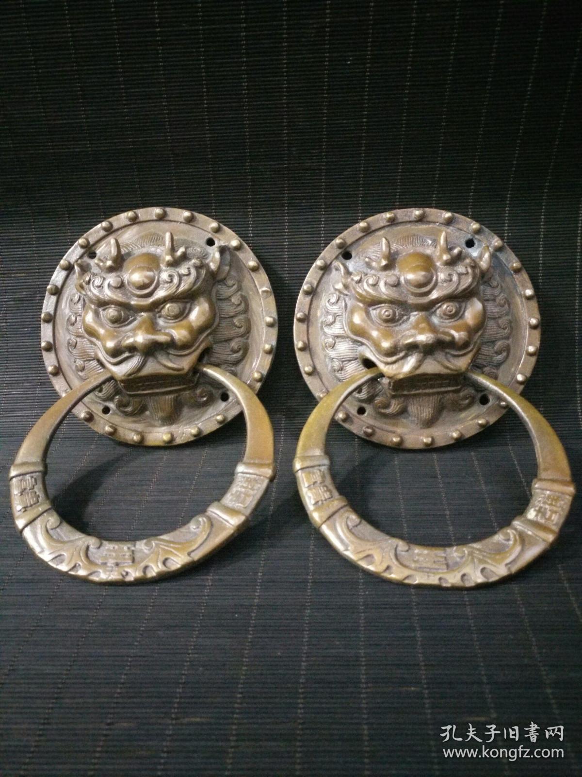 旧藏老黄铜铺首龙头富贵吉祥门环一对