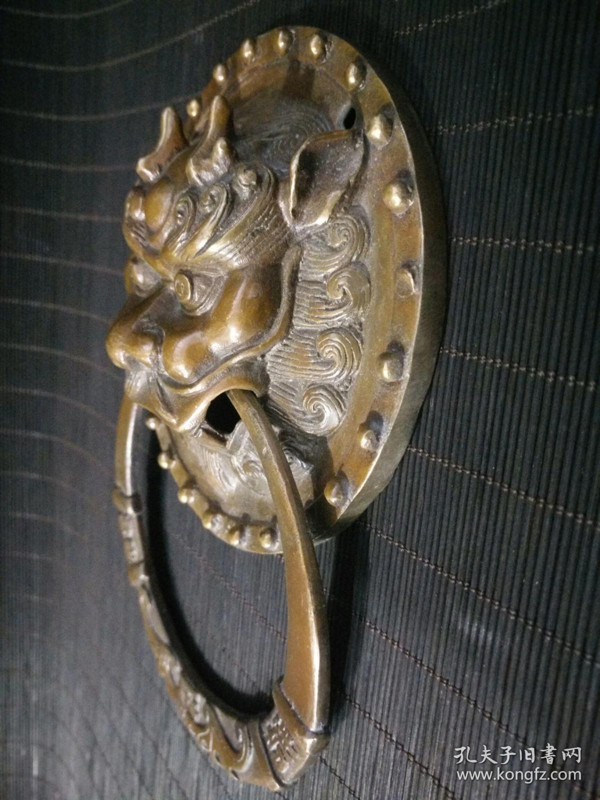 旧藏老黄铜铺首龙头富贵吉祥门环一对