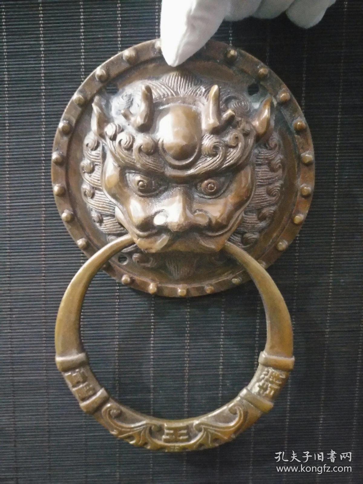 旧藏老黄铜铺首龙头富贵吉祥门环一对