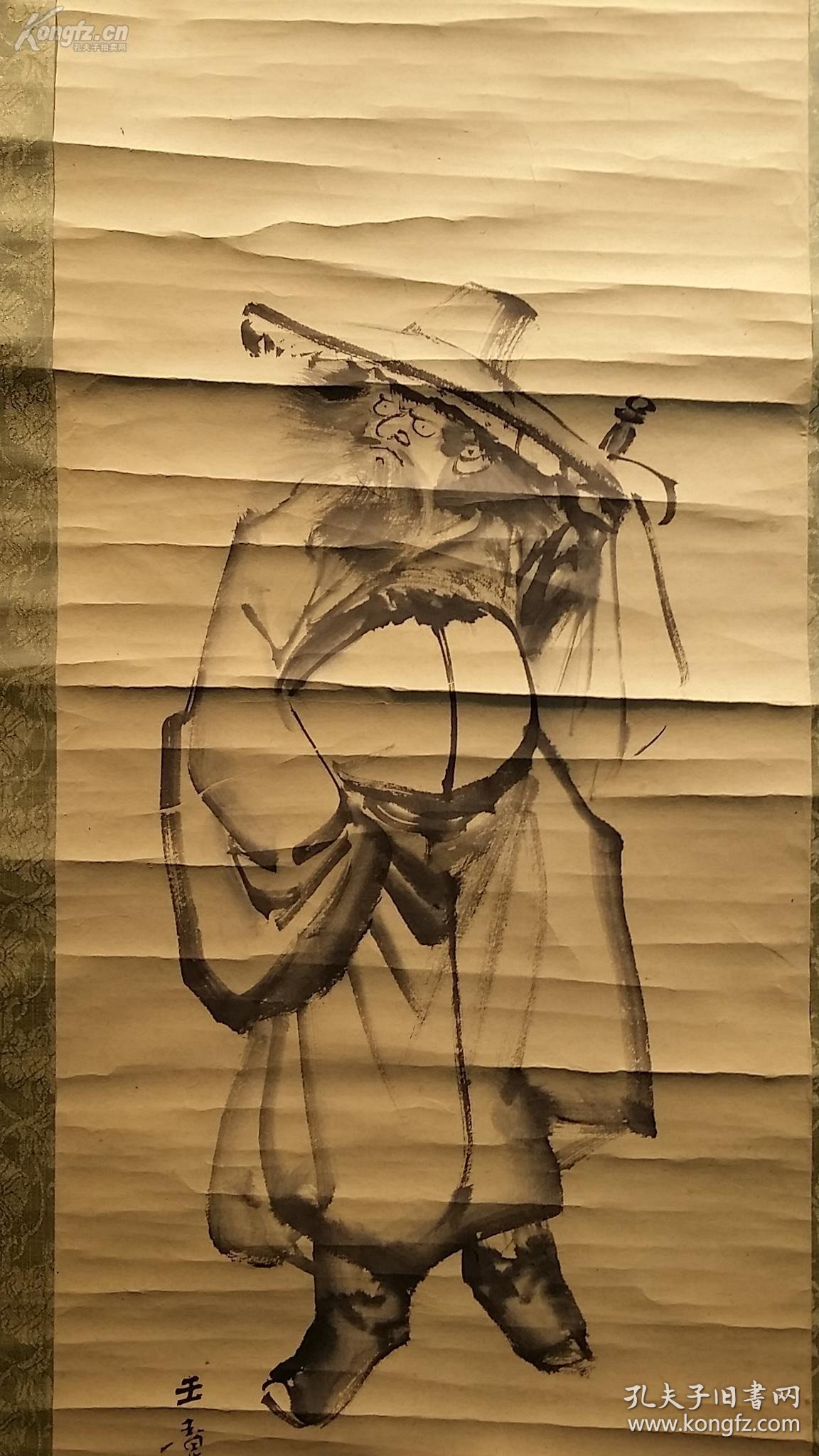 清末日本著名画家川端玉章手绘水墨钟馗人物骨质轴头