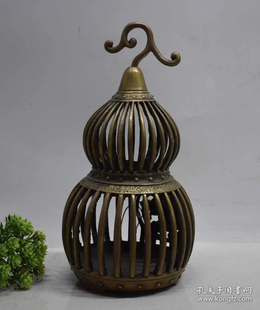 民国 铜制葫芦招财进宝鸟笼 纯铜手工打造 雕工精美 包浆浓厚 磨损