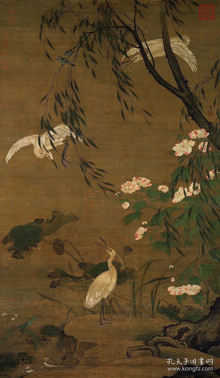 明吕纪秋鹭芙蓉图106x182cm绢本国画宣纸绢布艺术微喷画芯名画复制