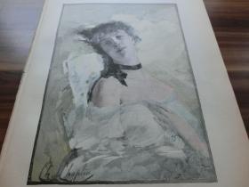 【现货 包邮】1890年套色木刻版画《女子肖像》（Studienkopf）尺寸约41*28厘米 （货号602199）