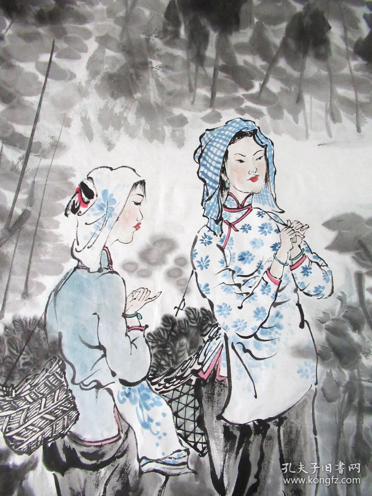 浙江名家张谷良人物四尺斗方手绘国画作品采桑