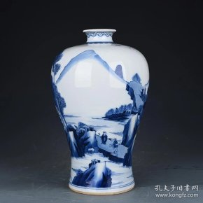 清康熙青花人物山水纹梅瓶