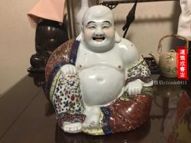 H-0380日本茶道具 回流美术 老瓷器 清末民国早期粉彩红袈裟大弥勒佛 瓷塑 高25/重5斤