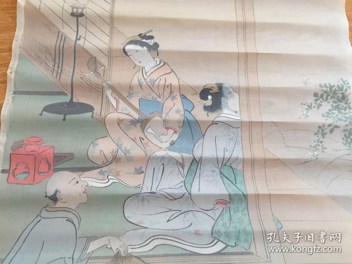 民国日本绢本彩绘【美人艺伎图】一幅,大幅130*45厘米