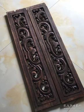 精美,清代透雕卷草纹木雕一对