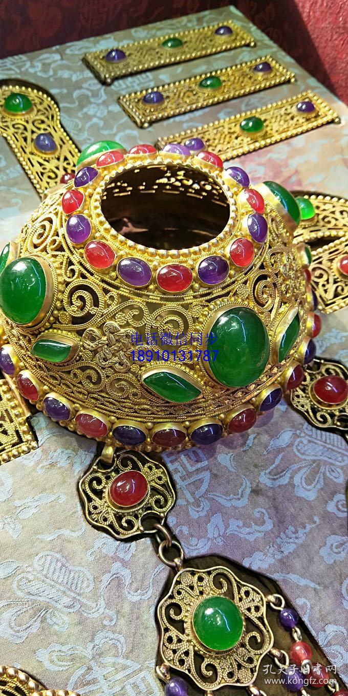 纯银鎏金镶嵌翡翠头饰一套