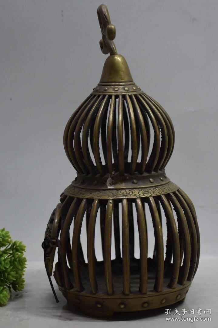 民国 铜制葫芦招财进宝鸟笼 纯铜手工打造 雕工精美 包浆浓厚 磨损
