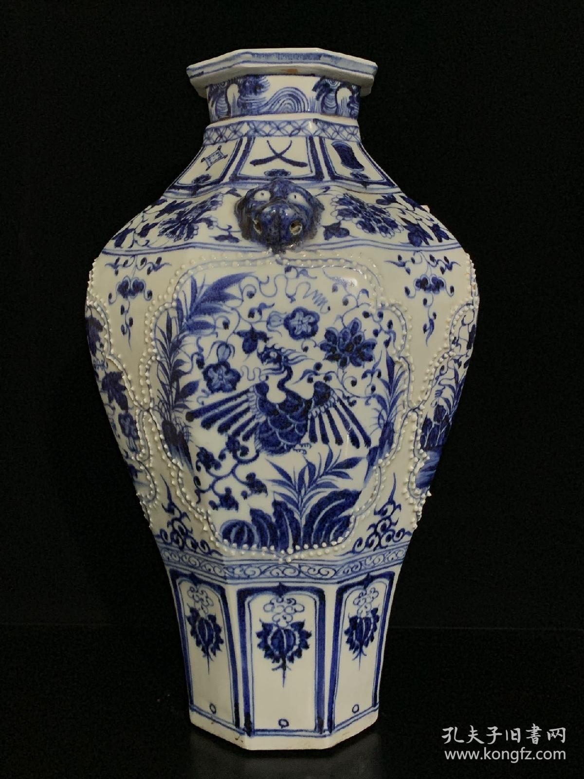 元青花博陵第款凤纹兽头大口梅瓶