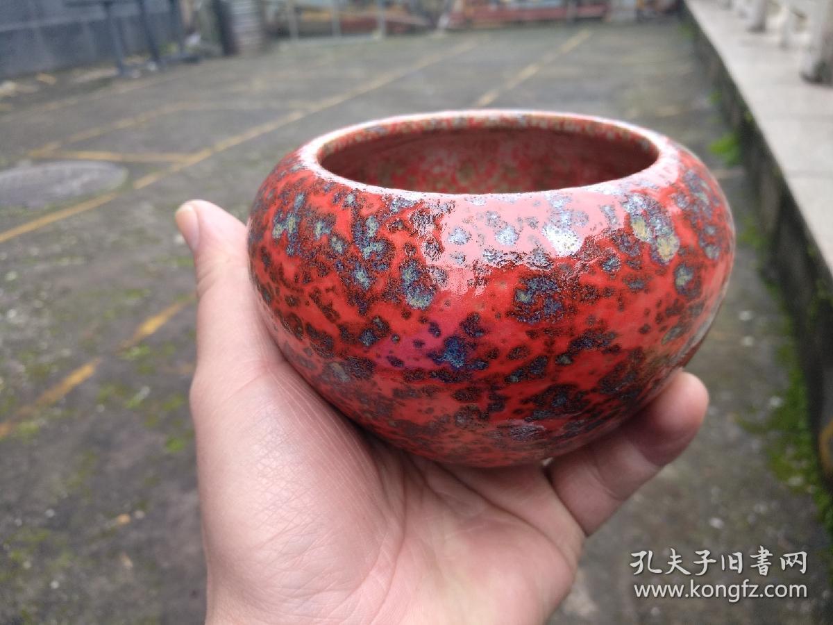 老师画家转让早期朱红釉虎皮斑水洗,径长14厘米,斑驳沧桑,窑变陆离