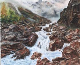 著名油画家 俞果 布面油画作品“高山水源”一幅（尺寸：50*60cm；作品由《中国美术市场报》直接得自于艺术家本人！）HXTX103806
