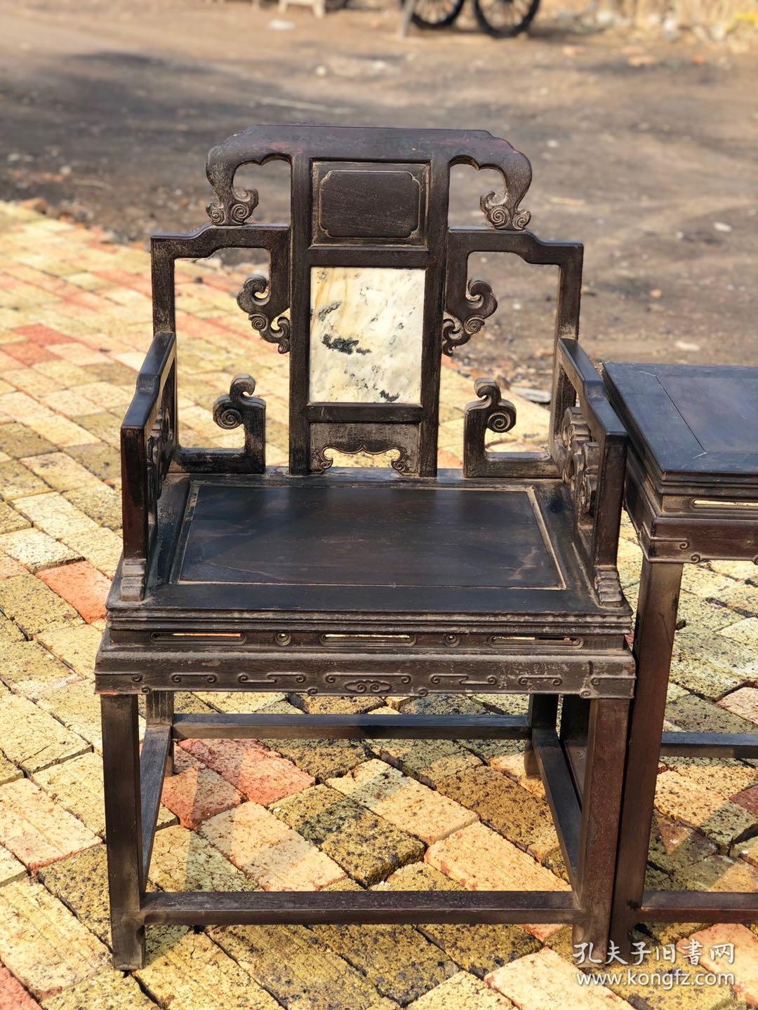 民国时期苏作血檀太师椅,背板大理石镶嵌工艺,雕刻灵芝如意纹,开窗