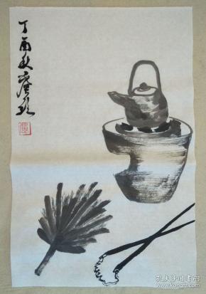 宣纸手绘中国书法绘画--茶壶扇子煮茶图茶道文人画 【实拍图片】未