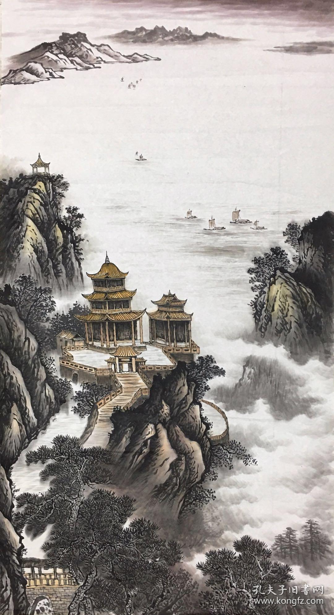 名人字画手绘著名青年画家邓志锋四大名楼画芯约138x68厘米x4幅