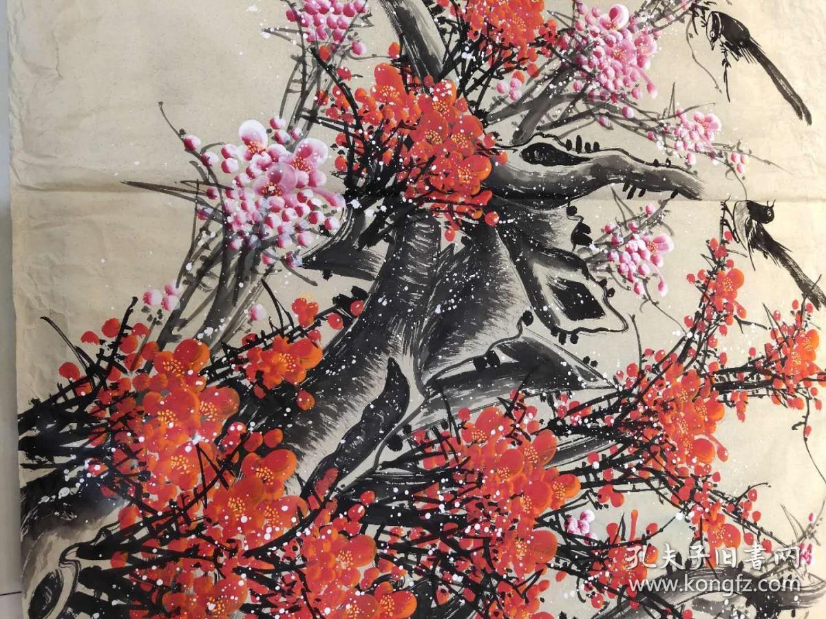 国画墙角数枝梅王全兴96x180cm提供画家与作品合影照片